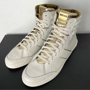Just Cavalli Leather White Gold High Top Lace up Sneakers